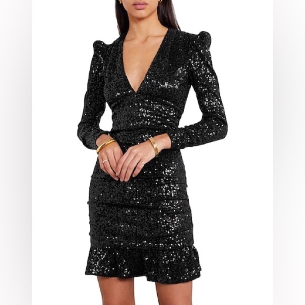 NWT Rebecca Vallance Mona Sequin Ruched Frill Mini Dress Black Sparkle Sz 2
